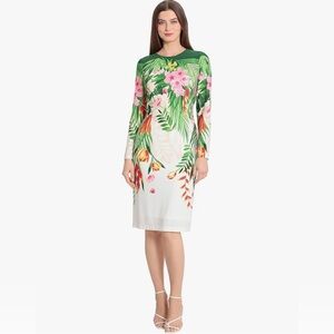Maggy London Green and White Floral Long Sleeve Dress